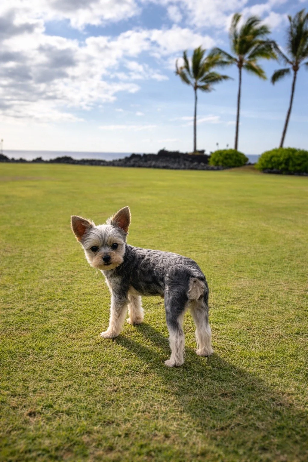 orkshire Terrier standing outdoors in Hawaii, representing the direct airport release import timeline for Honolulu under Hawaii’s rabies-free entry requirements.