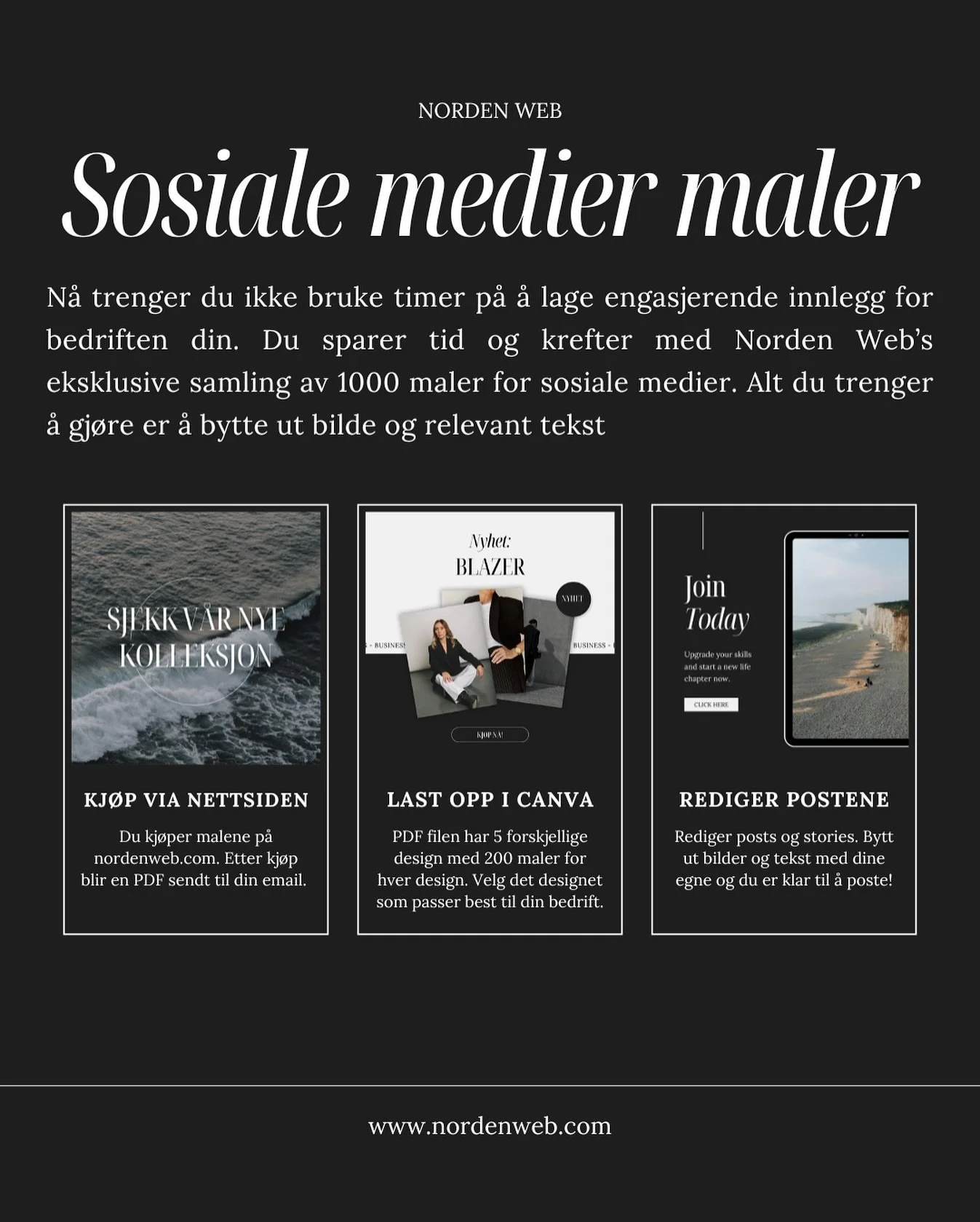💻 Sliter du med &aring; holde sosiale medier oppdatert? Norden Web har l&oslash;sningen! 🌟

Vi lanserer v&aring;rt aller f&oslash;rste digitale produkt: Sosiale medier-maler.
Enklere blir det ikke &ndash; alt du trenger &aring; gj&oslash;re er &ari