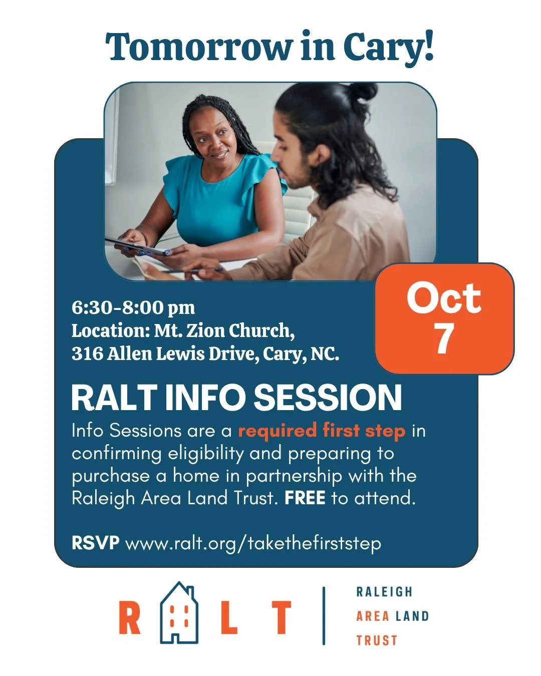 REMINDER // RALT Info Session in #Cary tomorrow night!
With 12 new properties available in Apex and 2 properties in Raleigh, we have scheduled an info session for potential homebuyers through RALT. Info sessions are a REQUIRED first step in confirmin