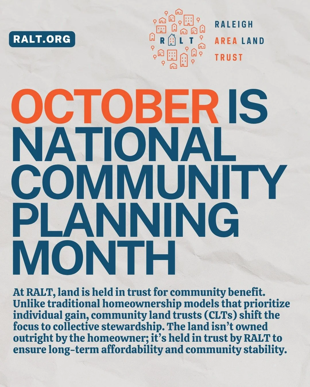 October is #NationalCommunityPlanningMonth. 
At RALT, land is held in trust for #community benefit. Unlike traditional homeownership models that prioritize individual gain, community land trusts (CLTs) shift the focus to collective stewardship. The l