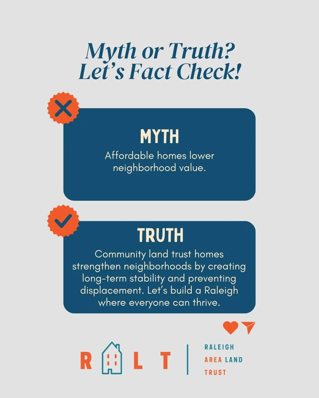 FRIDAY FACT CHECK💡 Myth: Affordable homes lower neighborhood value. Truth: Community land trust homes strengthen neighborhoods by creating long-term stability and preventing displacement. Let&rsquo;s build a Raleigh where everyone can thrive. 

#Hou