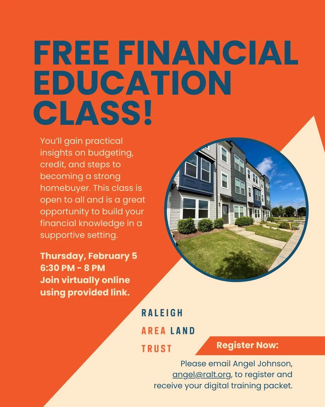 📣 Join us for a FREE Financial Education Class! 
Class to be held virtually on Thurs. Feb 5 at 6:30pm!

Raleigh Area Land Trust is partnering with @PNCBank to host a financial education session designed for anyone interested in the homebuying proces