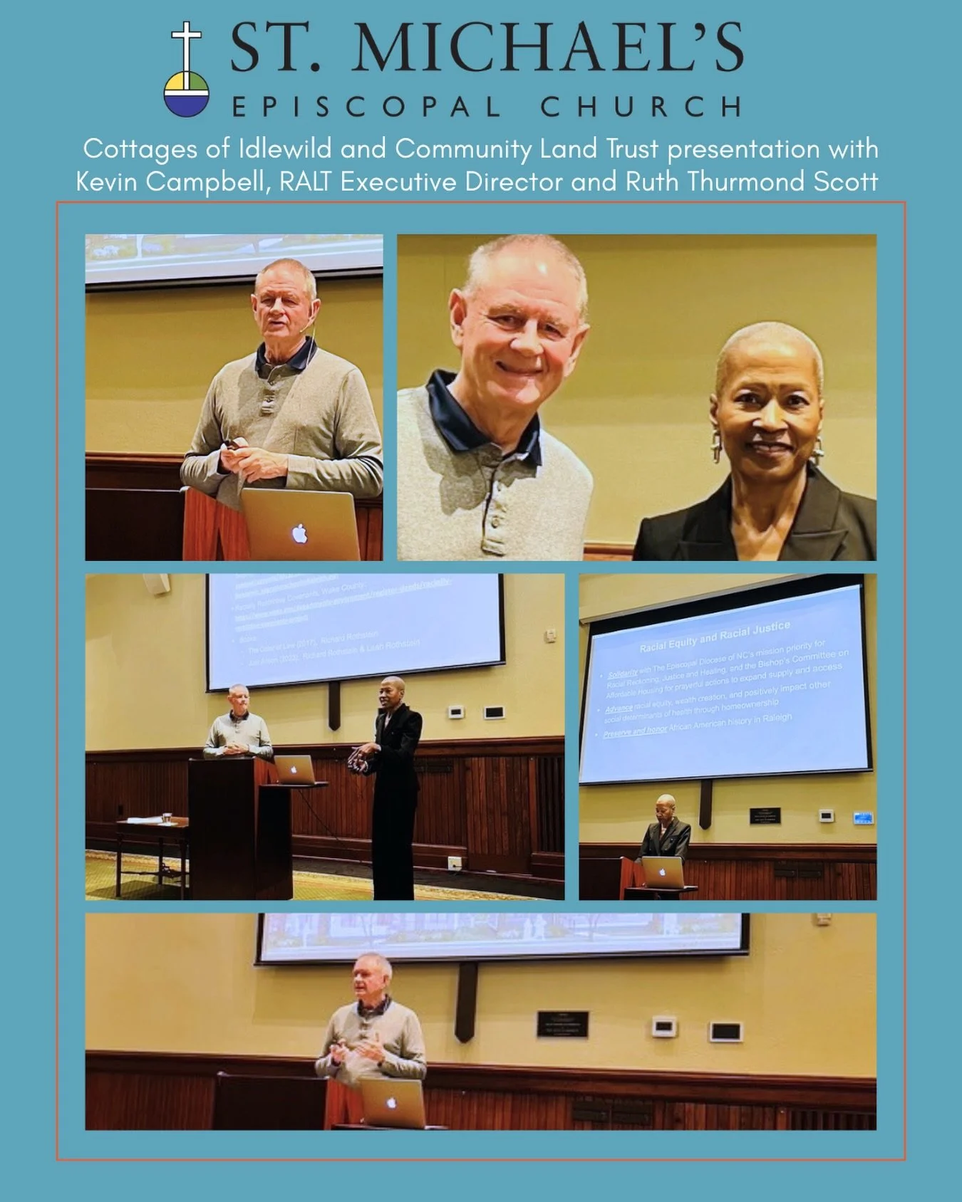 Kevin Campbell, RALT Executive Director presented with Ruth Thurmond Scott of St Michael&rsquo;s Episcopal Church about their partnership on Cottages of Idlewild and the Community Land Trust (CLT) model on Sunday at Christ Church Raleigh.