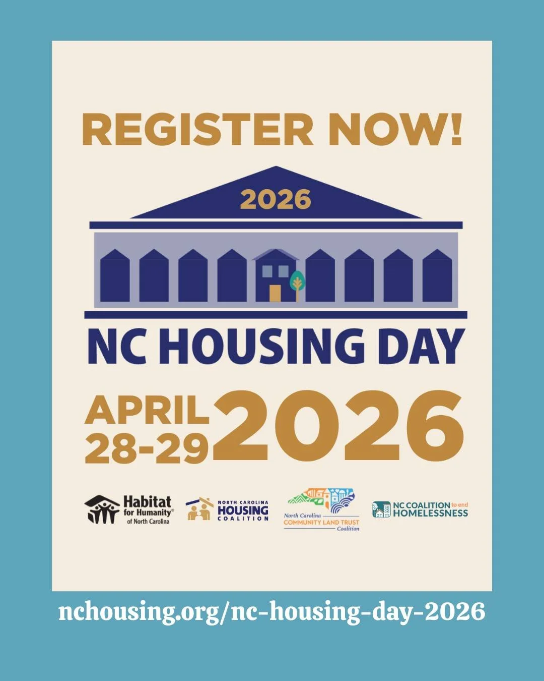 Register now and join us in attending NC Housing Day 2026 on April 28-29 in Raleigh! On April 29, meet with our state legislators in Raleigh and tell them that affordable housing is important for North Carolina, and the state has a vital role to play