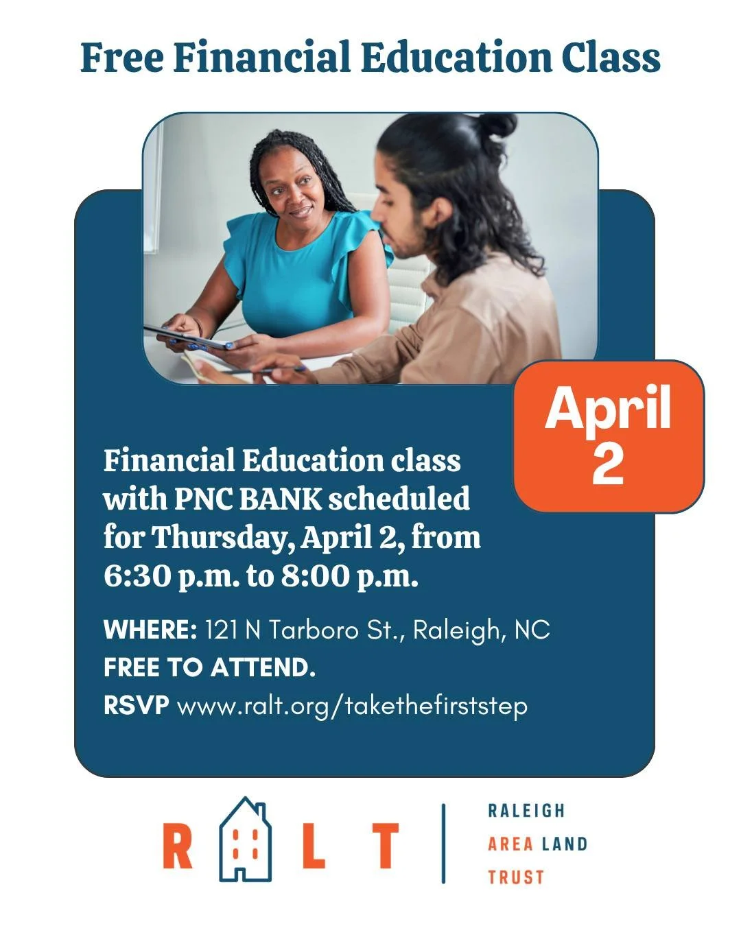 FREE Financial Education class with @PNCBank scheduled for Thursday, April 2, from 6:30 p.m. to 8:00 p.m. 

This personal finance education class provides a broad overview of key money management concepts to help individuals build confidence in their