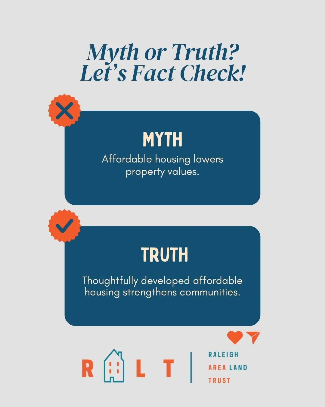 #FridayFacts

Myth: Affordable housing lowers property values Fact: Thoughtfully developed affordable housing strengthens communities.

Myth: Homeownership isn&rsquo;t attainable 
Fact: Programs like RALT make it possible.

Fair housing = informed co