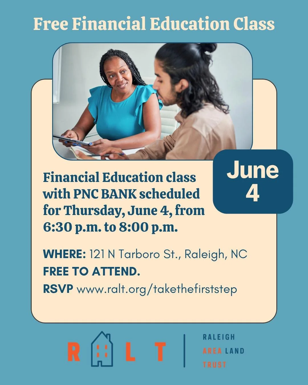 FREE Financial Education class with PNC Bank scheduled for Thursday, June 4, from 6:30 p.m. to 8:00 p.m. 

This personal finance education class provides a broad overview of key money management concepts to help individuals build confidence in their 