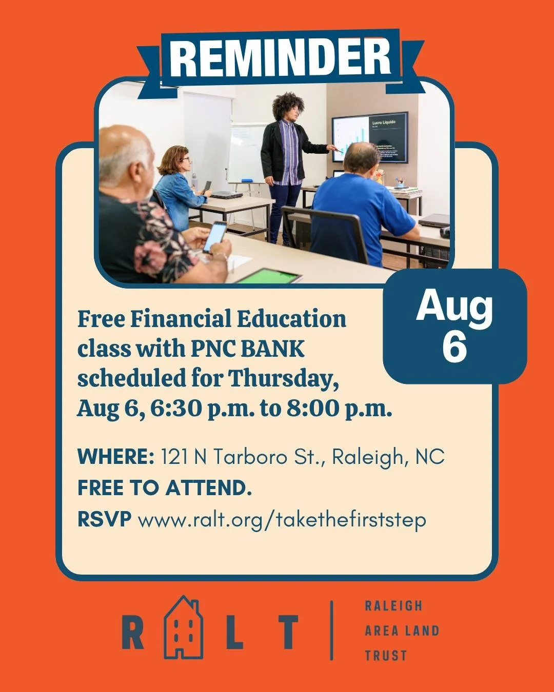 FREE Financial Education class with PNC Bank scheduled for TONIGHT, August 6, from 6:30 p.m. to 8:00 p.m. This month's class is about repairing your credit and finances before going to a lender, led by PNC Bank.

This personal finance education class