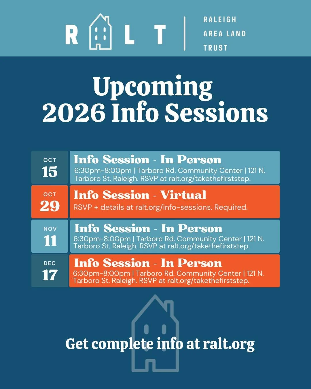 NFO SESSION TONIGHT! October 15, 6:30pm-8:00pm at Tarboro Rd. Community Center, 121 N. Tarboro St. Raleigh, NC. Info Sessions are a required first step in confirming eligibility and preparing to purchase a home in partnership with the Raleigh Area La
