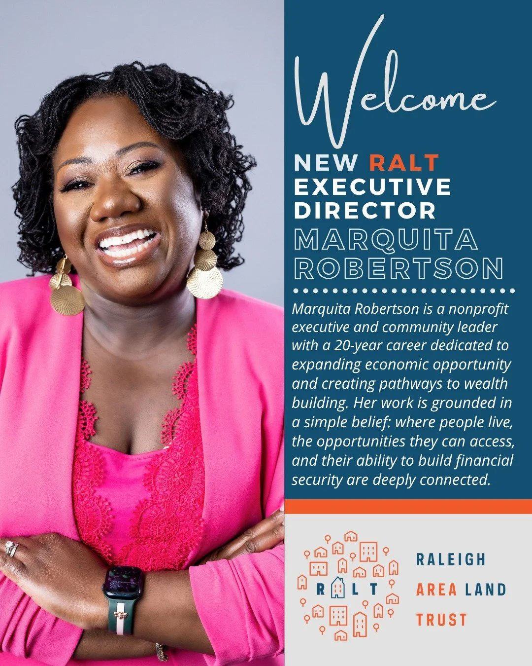 A new chapter begins at Raleigh Area Land Trust!

We're excited to welcome Marquita Robertson as our next executive director, effective Nov. 10.

With a shared commitment to economic opportunity and lasting affordability, Marquita will help RALT expa