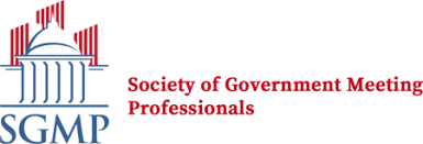 Logo for the Society of Government Meeting Professionals (SGMP) featuring a stylized building with columns and American flags.