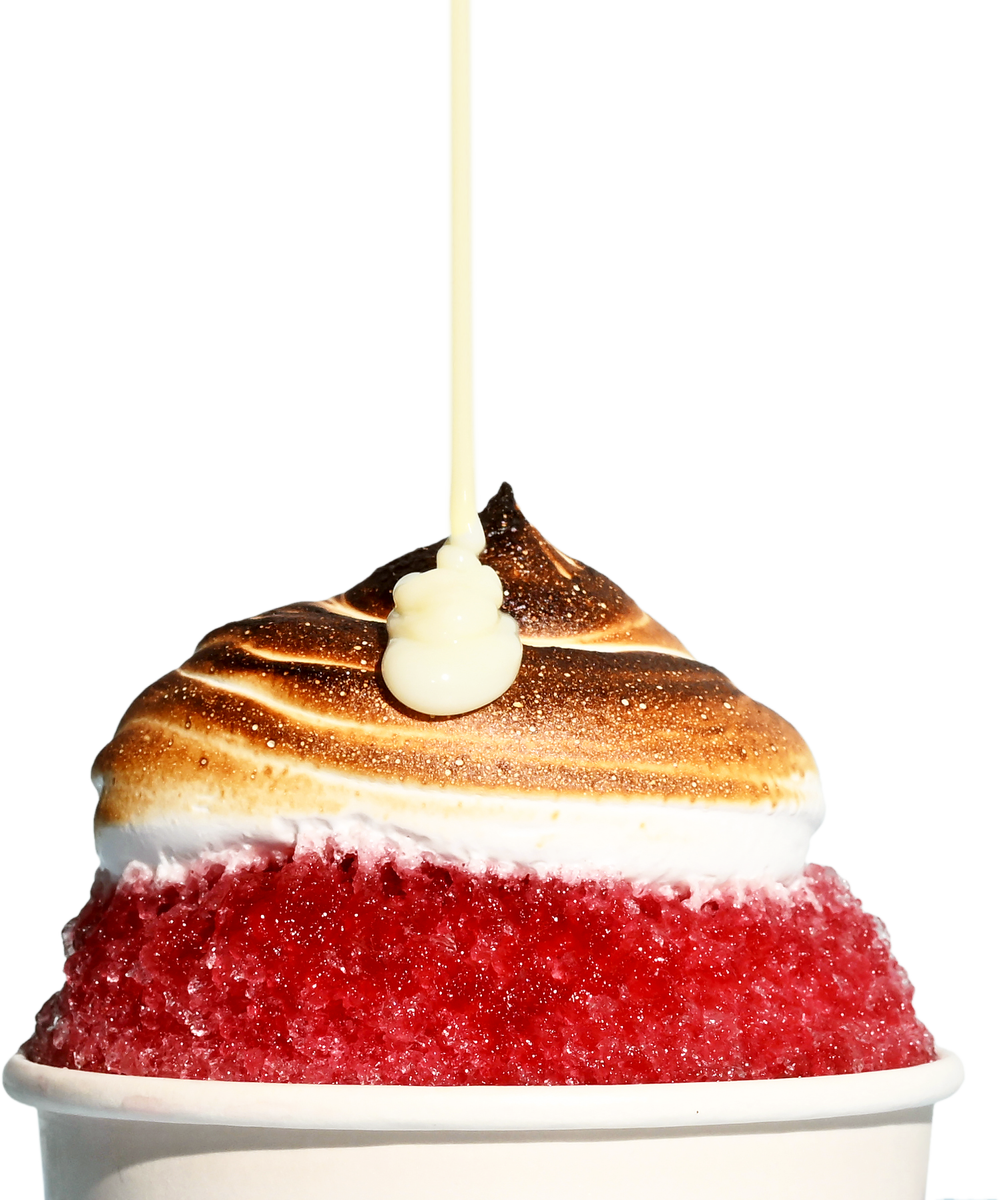 Strawberry Italian ice topped with hand-torched meringue and a condensed-milk drizzle, in a Bernie&rsquo;s cup