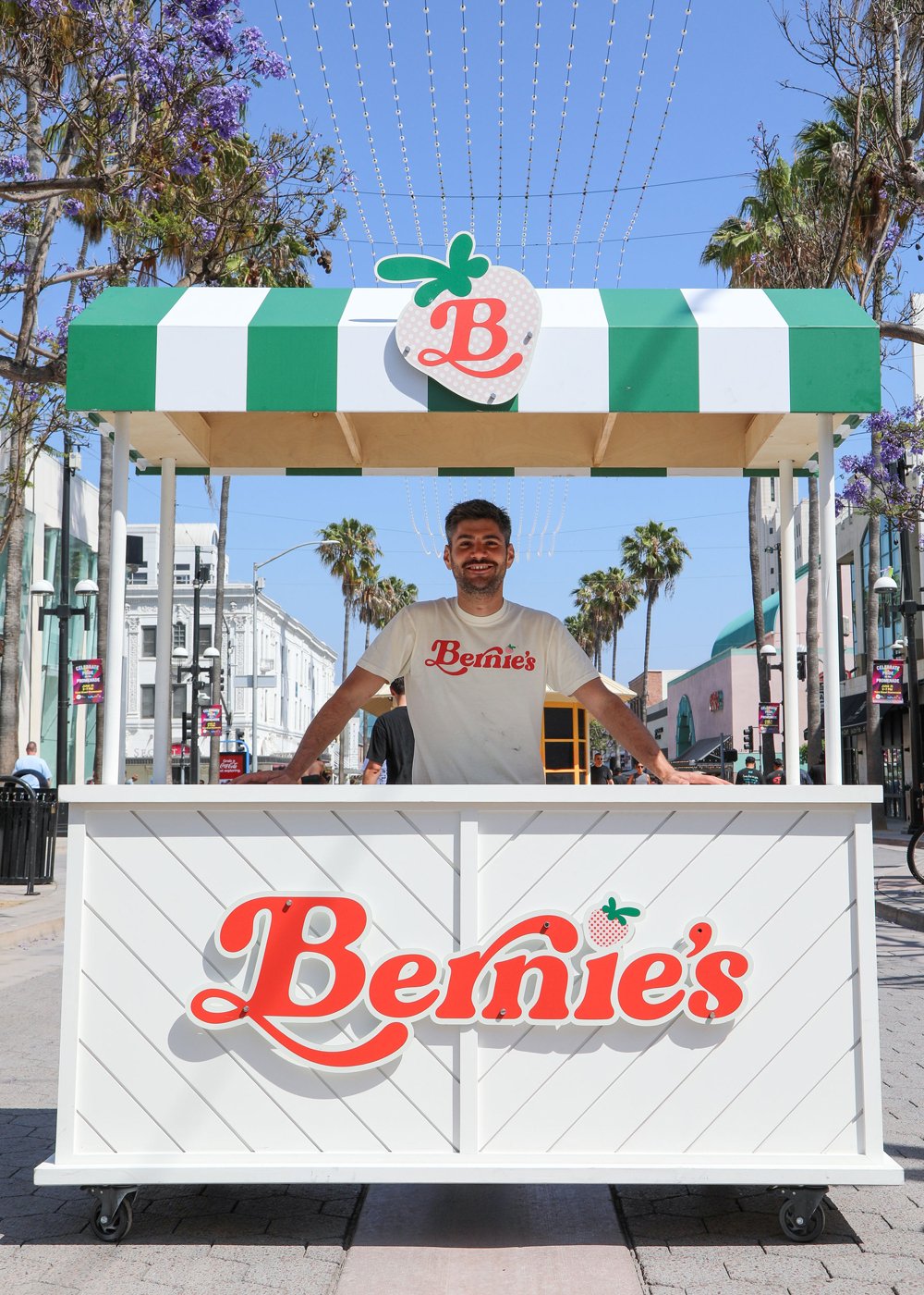 The Bernie&rsquo;s striped Italian ice cart set up at a Los Angeles event