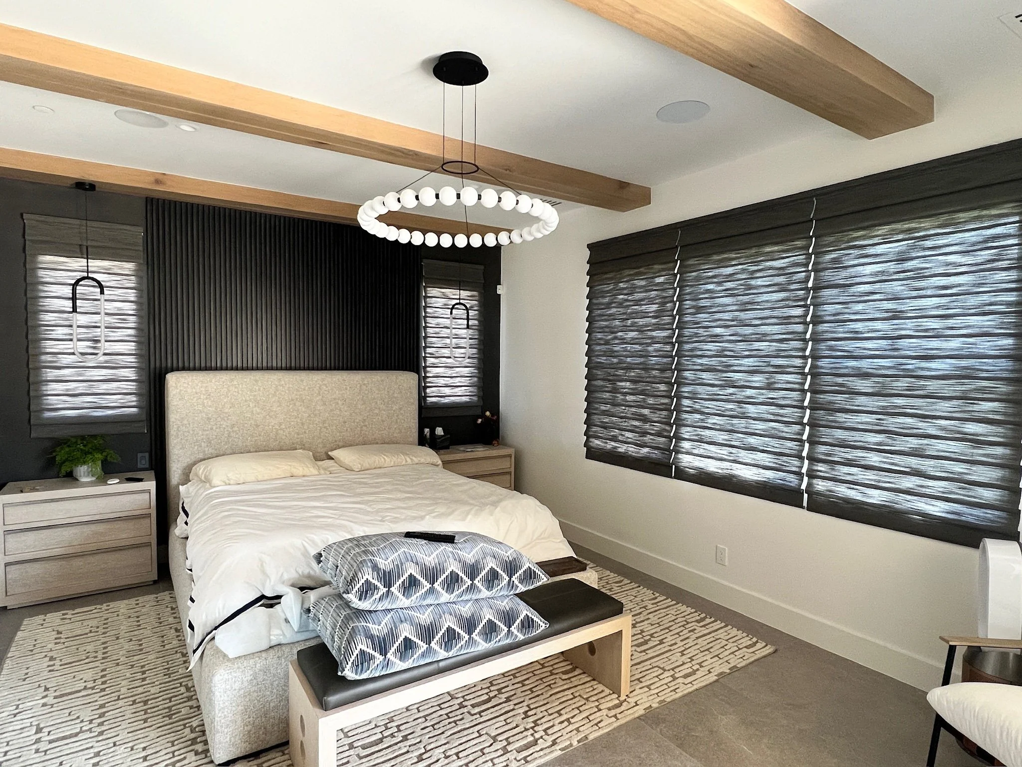 Hunter Douglas Vignette Roman Shades on Windows that are motorized in Indian Wells.