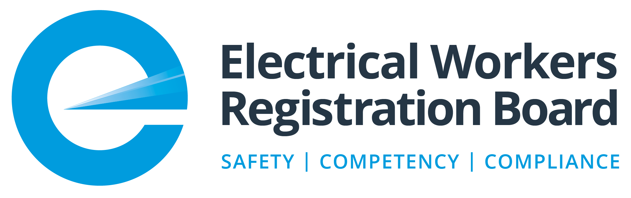 Logo for Electrical Workers Registration Board featuring a blue circle and a stylized speedometer, with the words 'Electrical Workers Registration Board' and the tagline 'Safety | Competency | Compliance' in blue and black text.
