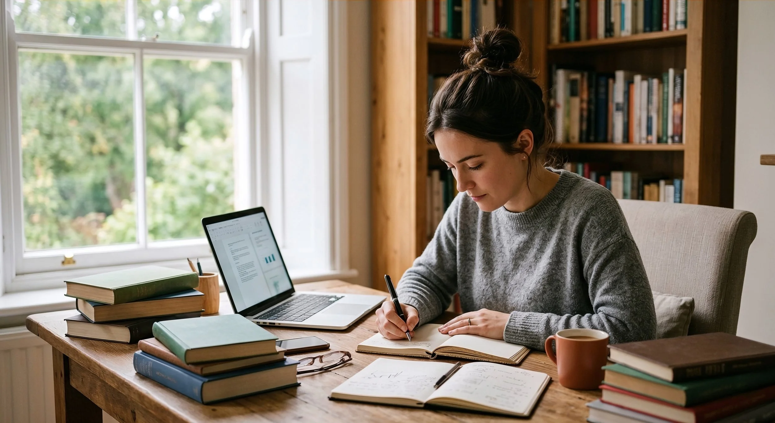 Junior in high school writing college application essay at desk