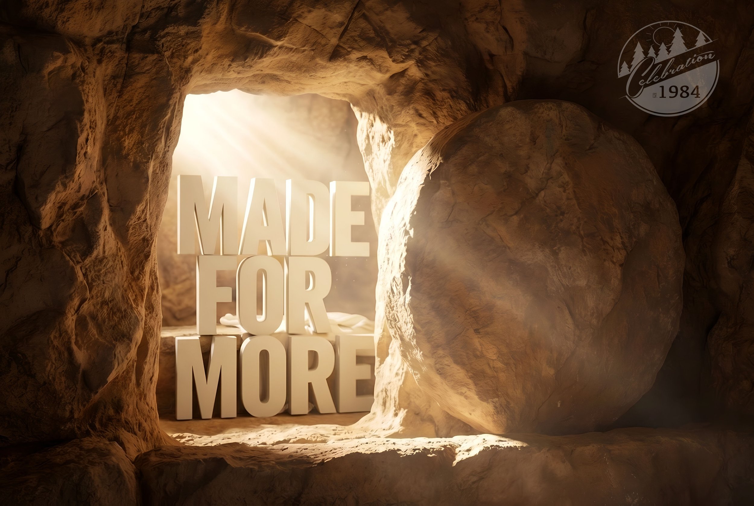 Inside a rocky cave with sunlight shining through the entrance, large white 3D letters spell out "MADE FOR MORE," and a circular logo in the top right corner reads "Celebration EST. 1984" with pine trees.