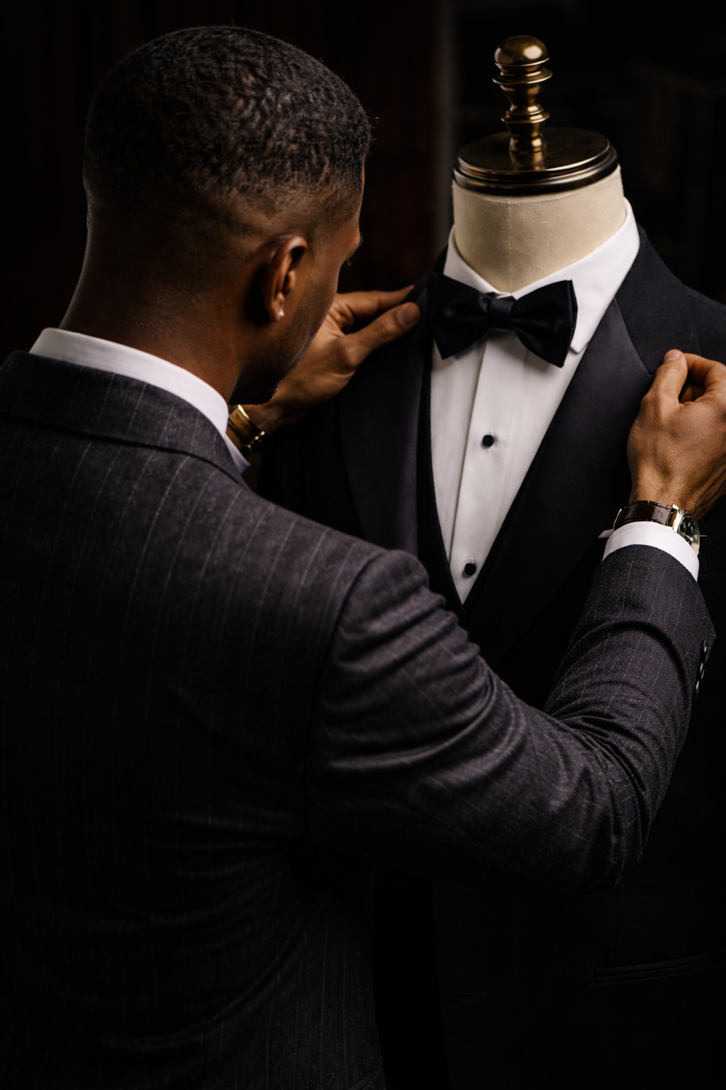 A man in a dark pinstripe tuxedo adjusts a mannequin dressed in a black tuxedo with a white shirt and black bow tie.