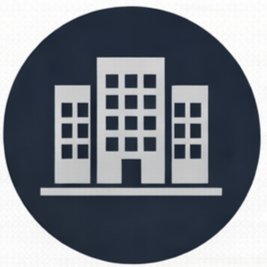 Icon of three gray office buildings on a dark circular background.
