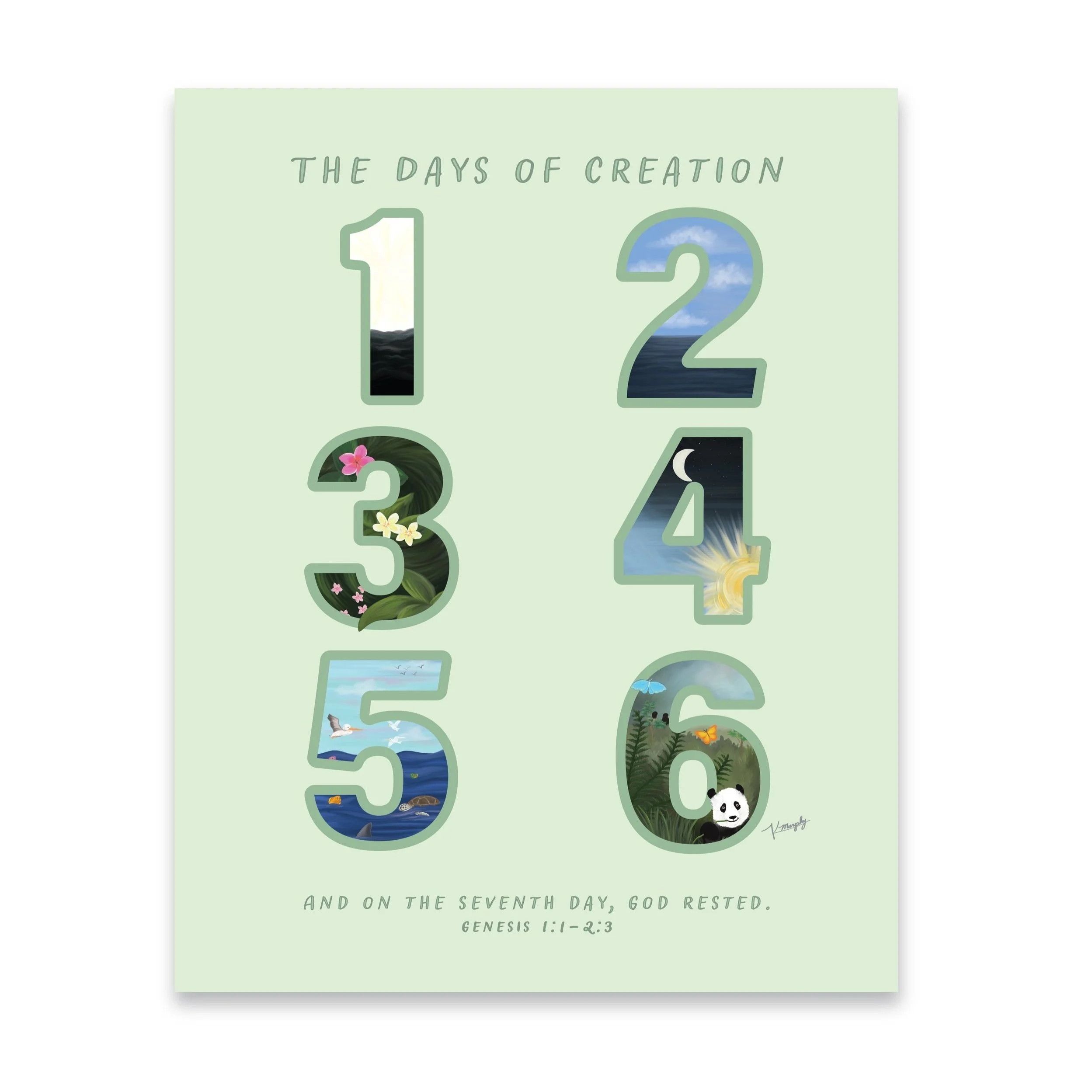 Illustrated depiction of the six days of creation from the Bible, with each number showing a nature scene: 1 with a sunrise, 2 with a sky and clouds, 3 with plants and flowers, 4 with the sun and moon, 5 with birds and water, 6 with animals and green