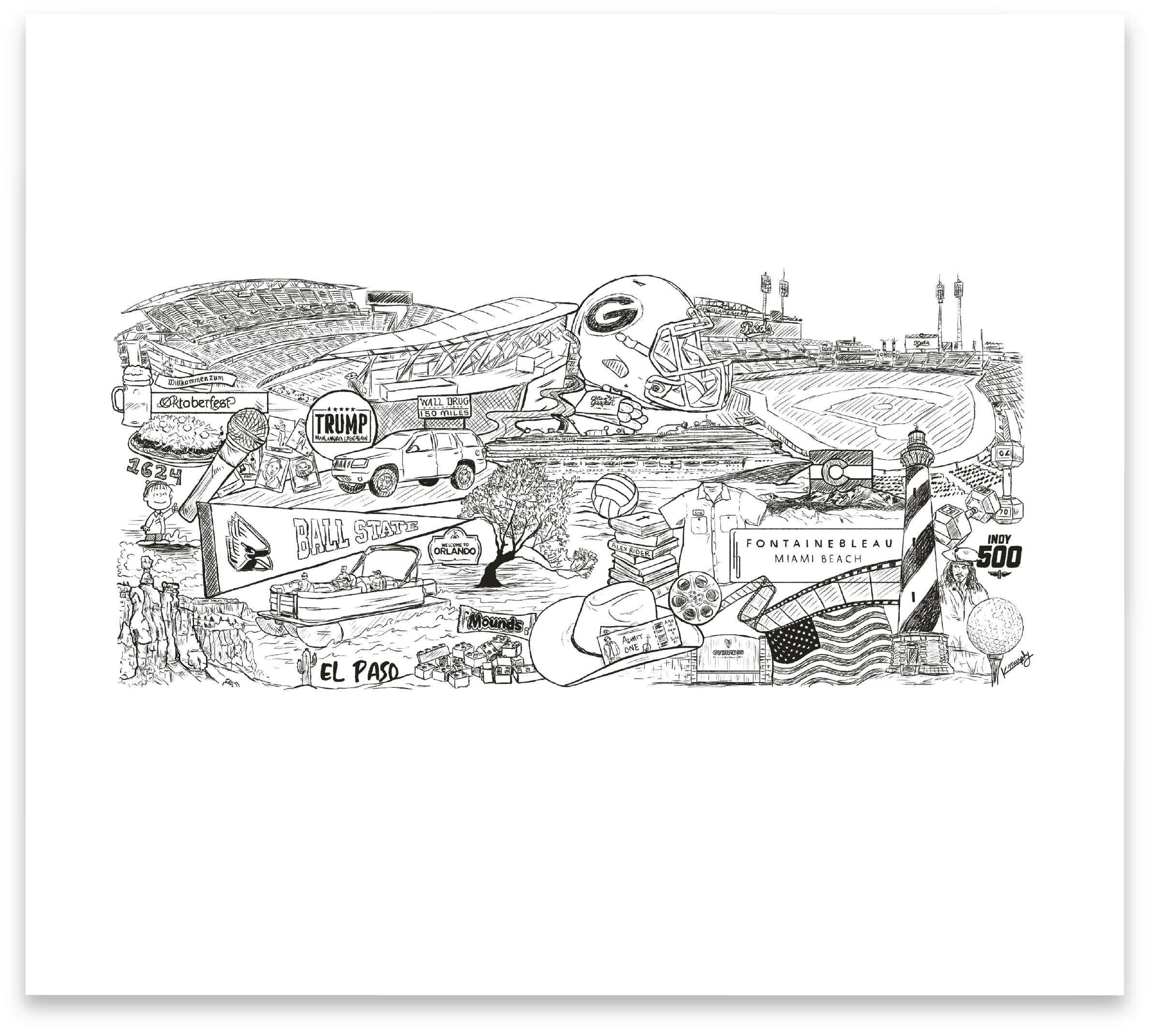 A detailed black and white illustration of various sports stadiums, landmarks, and American cultural symbols.
