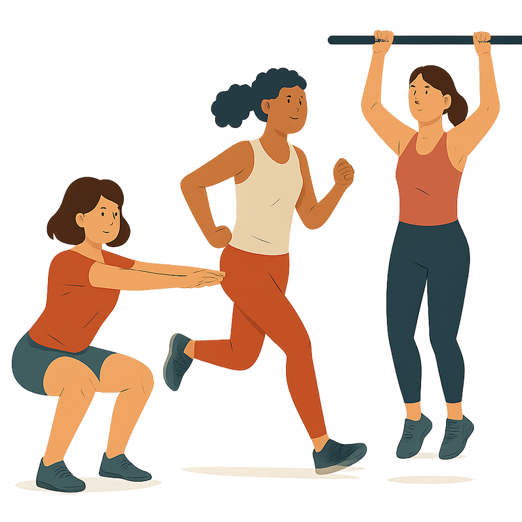 Illustration of parents squatting, running and hanging from a pull-up bar