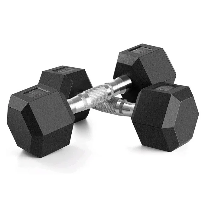 Pair of black rubber hex dumbbells with chrome handles