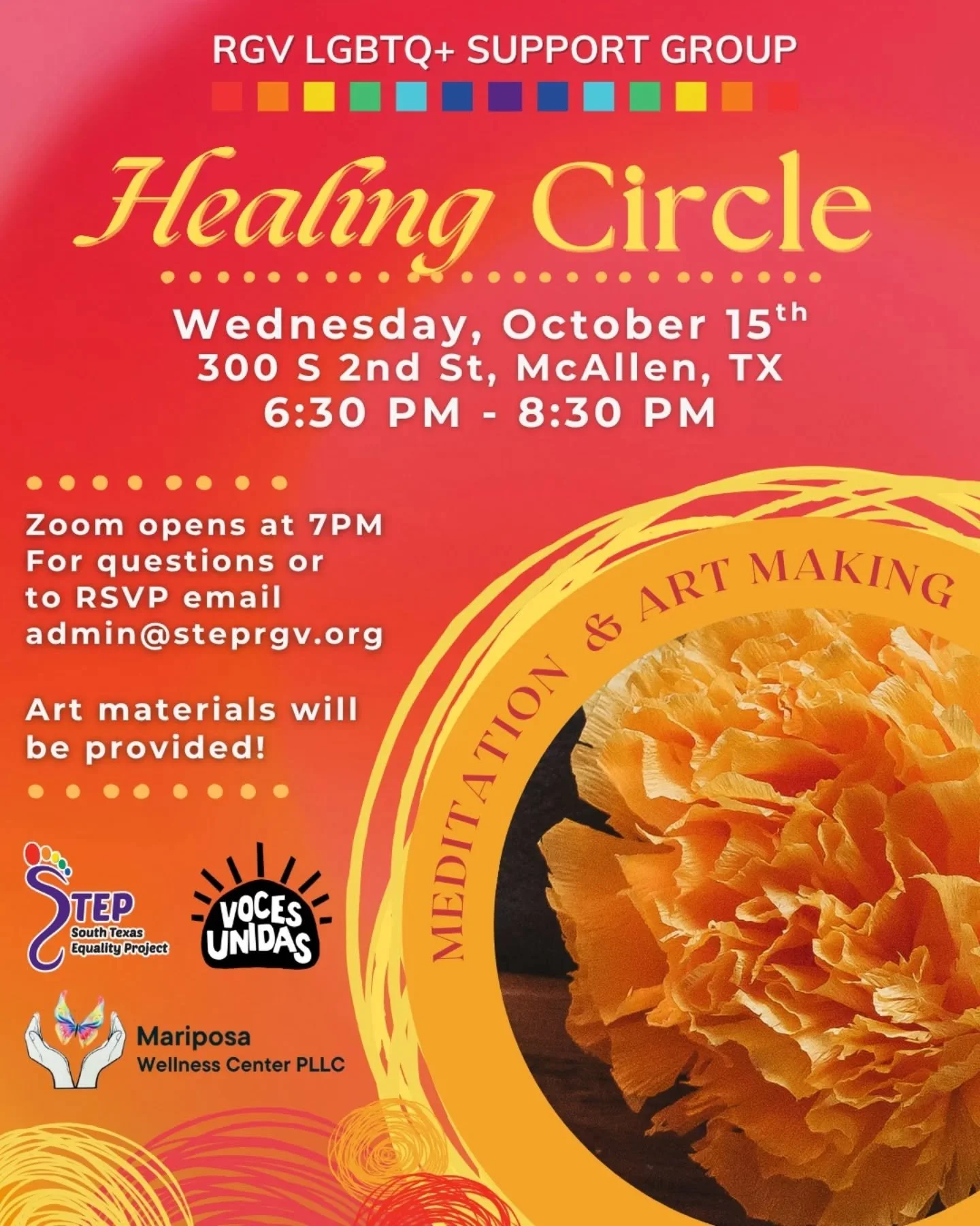 Feeling stressed?
Join us for a healing circle on October 15th at the McAllen Westbrook Clinic where we will be joining @southtexasequalityproject and the Mariposa Wellness Center for meditation and artmaking! 
Sign up through email with STEP at ad
