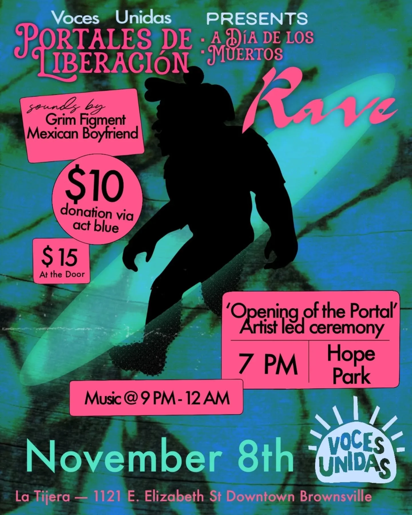 On Dia de Muertos, a portal opens and all beings who move through it are granted radical permission to move beyond barriers and borders to be with loved ones once more. 
Join us in Brownsville on Nov. 8th for a liberatory two-part commemoration of t