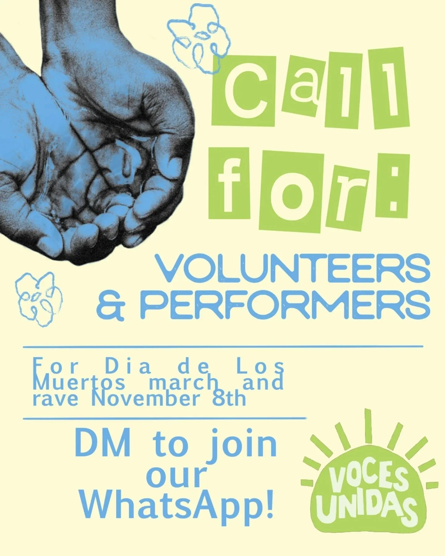 Call for volunteers!🙋🏽‍♂️🙋🏾‍♀️🙋
Do you want to amplify community power on your time off? Join Voces Unidas as we engage in a variety of tasks leading up to our big Dia de Muertos performance and rave. Earn technical experience in event