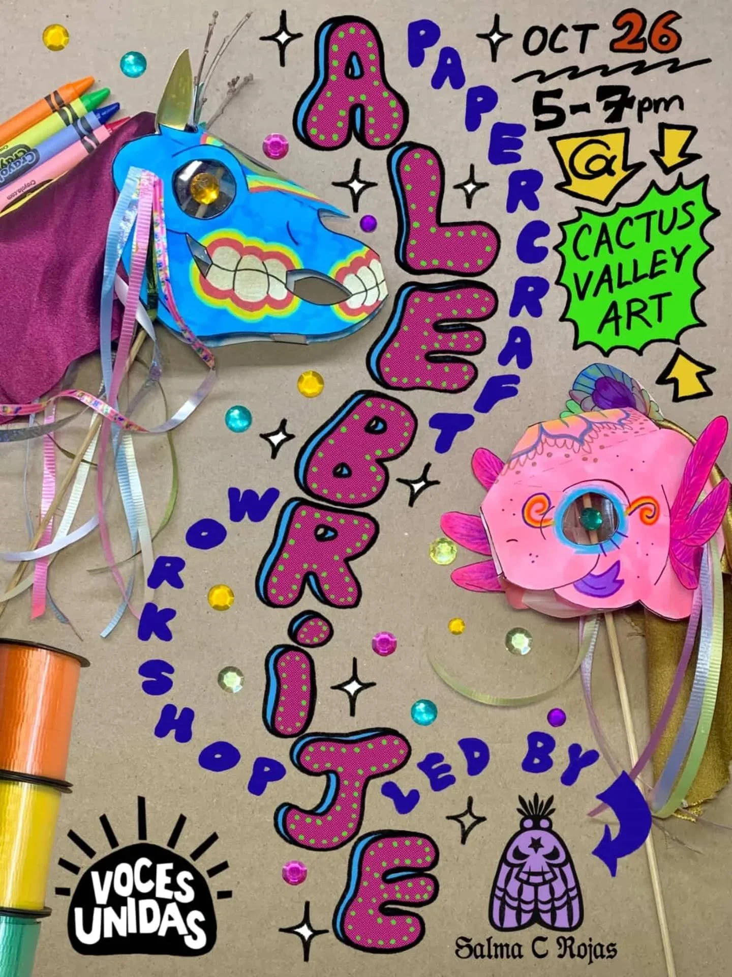 Get creative with us! 🎨
Join a free Alebrije Papercraft Workshop on October 26th from 5 to 7 pm at @cactusvalleyart, led by @dizzycorn_616! 
The designs made will be used for a special Dia de Muertos performance Nov. 8th! 
See you there! 
#commu