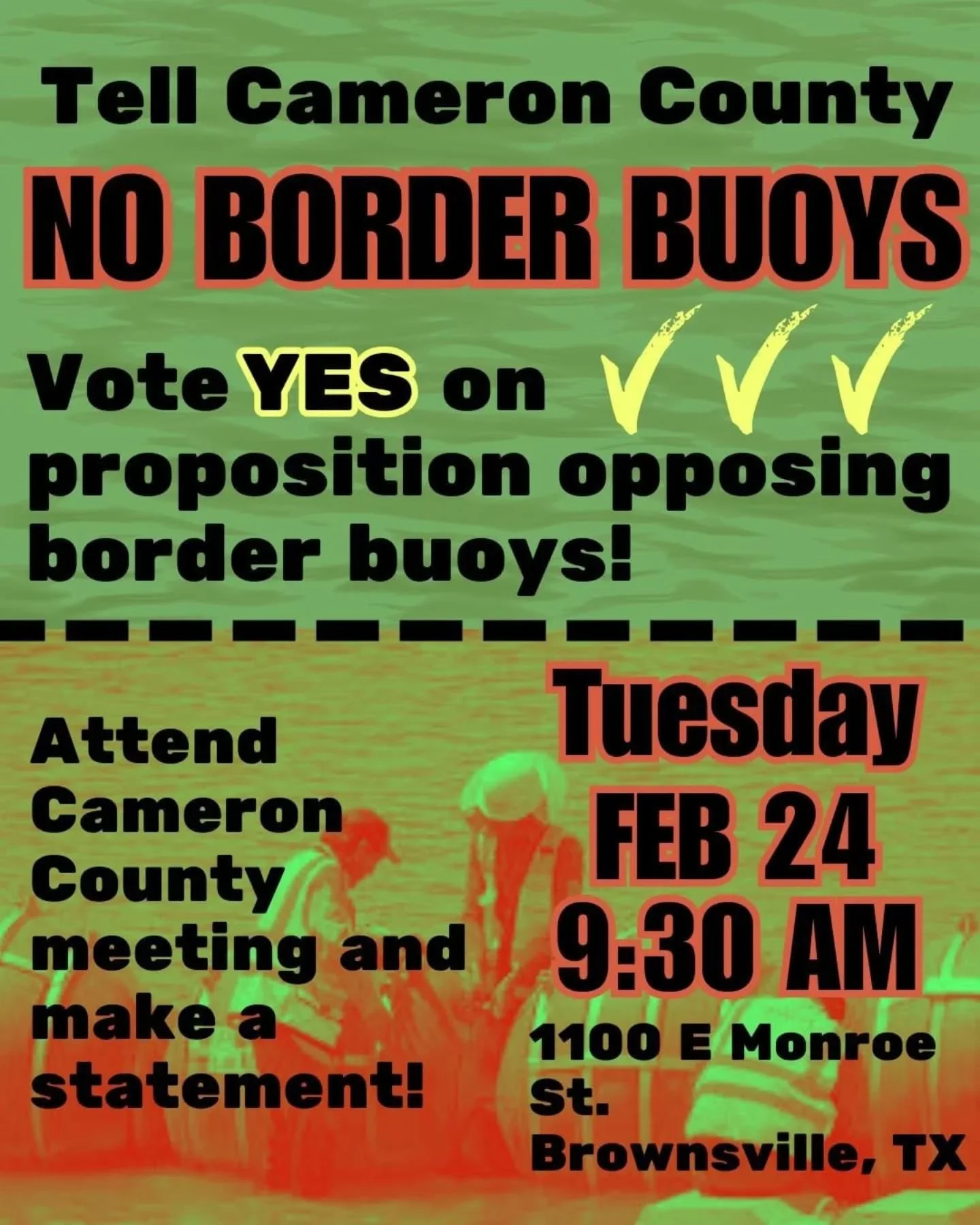 ⏰️Tomorrow⏰️

Tell Cameron County to vote YES on the resolution opposing murder buoys! 

Community members need to arrive before 8:45 AM this Tuesday to sign up for a 3-minute public comment slot. Meeting begins at 9:30 am.

Let's pack the meeting! 
