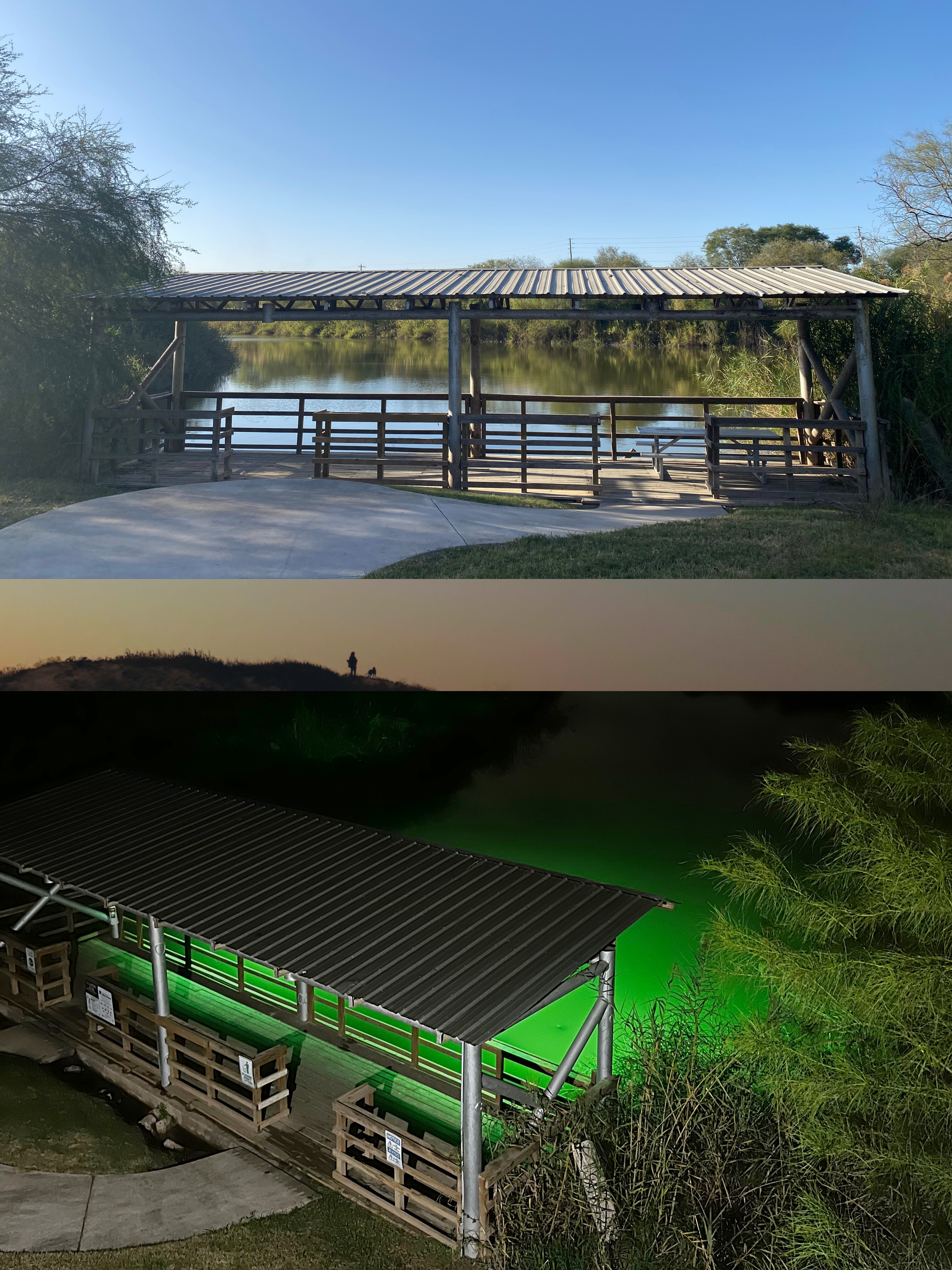 I walk down the path toward the river and the benches. The green light is on. CBP must have put these in recently. They weren’t here the last time I came. 

The green flows into the water, glowing, ebbing, surrounded by a darkness that struggles to m