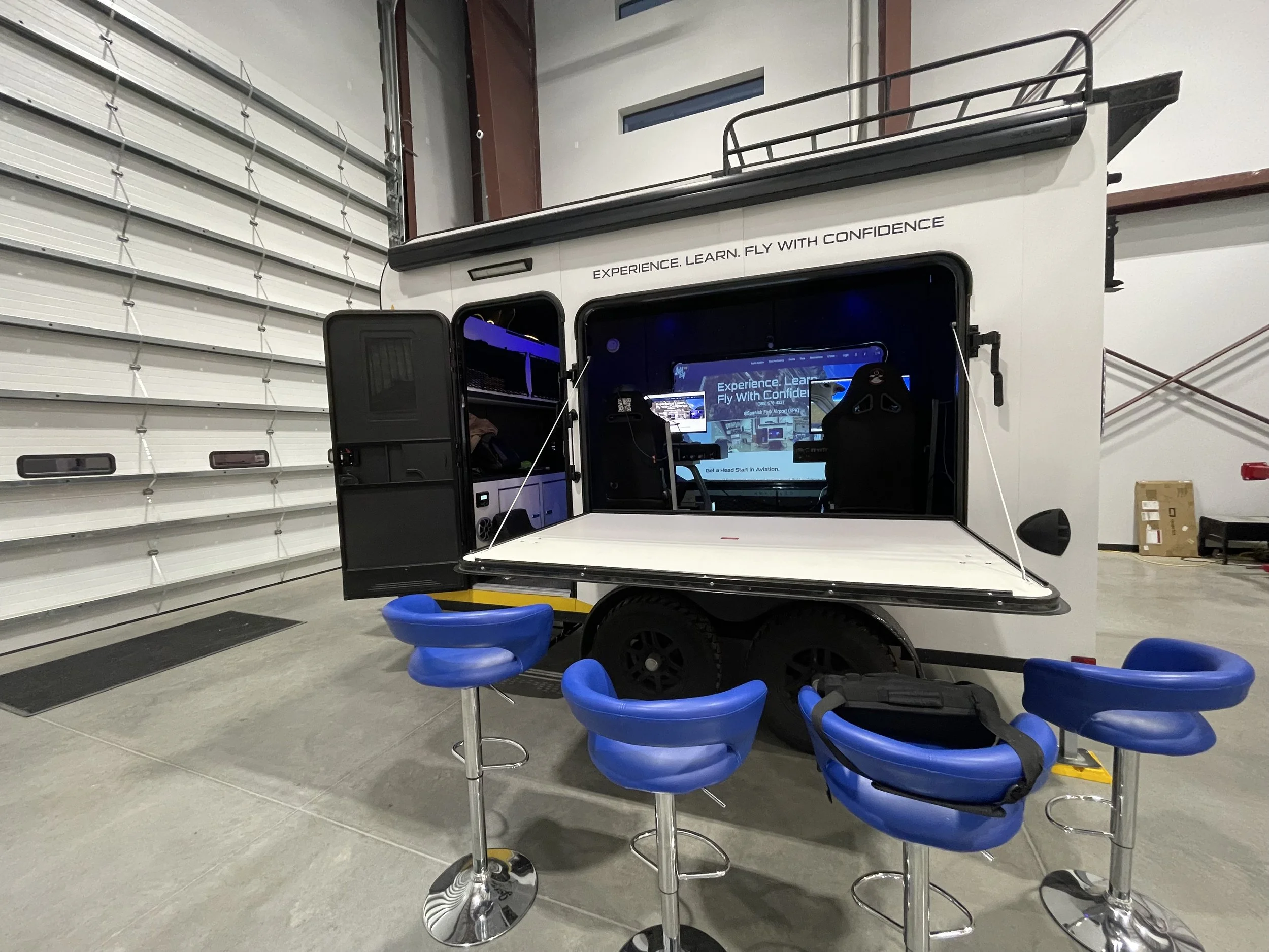 A mobile flight simulator available for rent Youth Aviation programs and events, Flight Schools, high school STEM and CTE programs, events activation activities, parties.