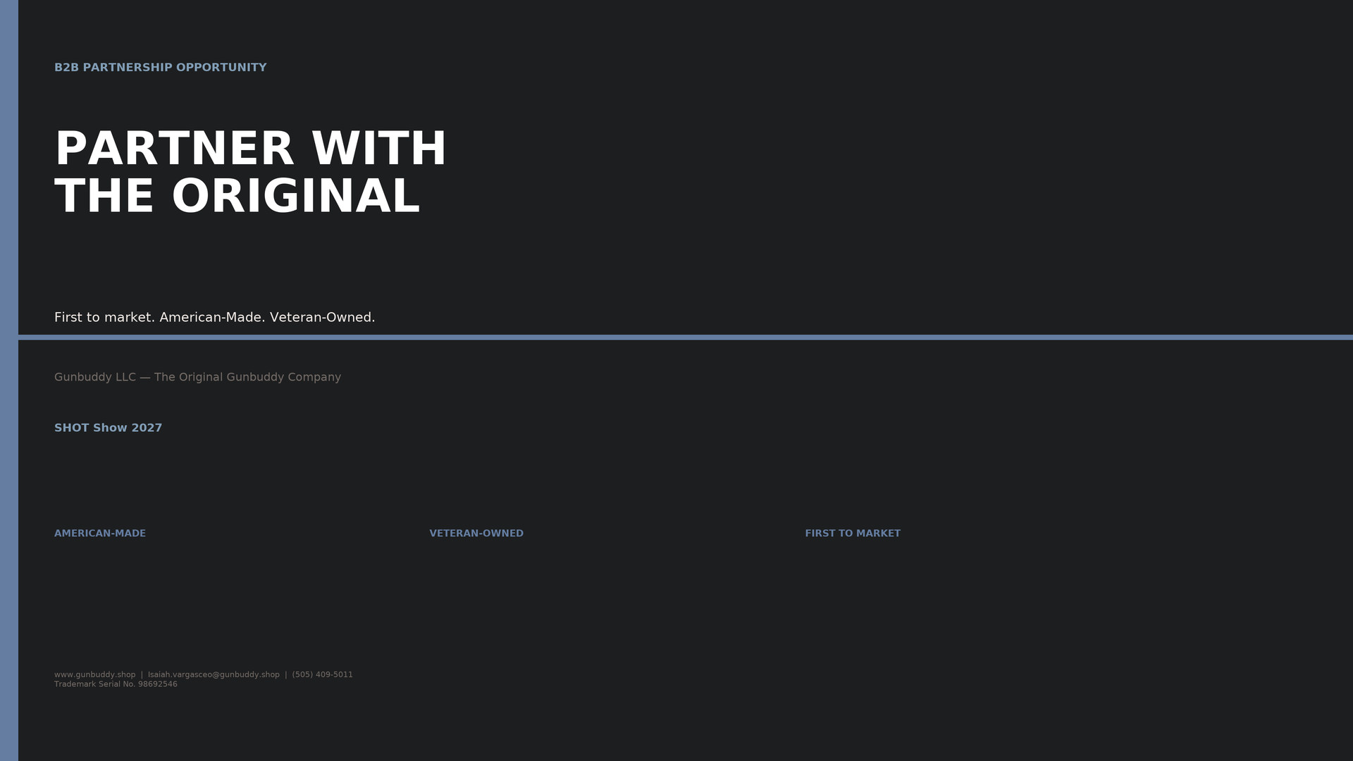 A dark-themed webpage with text promoting Gunbuddy LLC, a veteran-owned, American-made company involved in the firearms industry, from the Shot Show 2027 event.