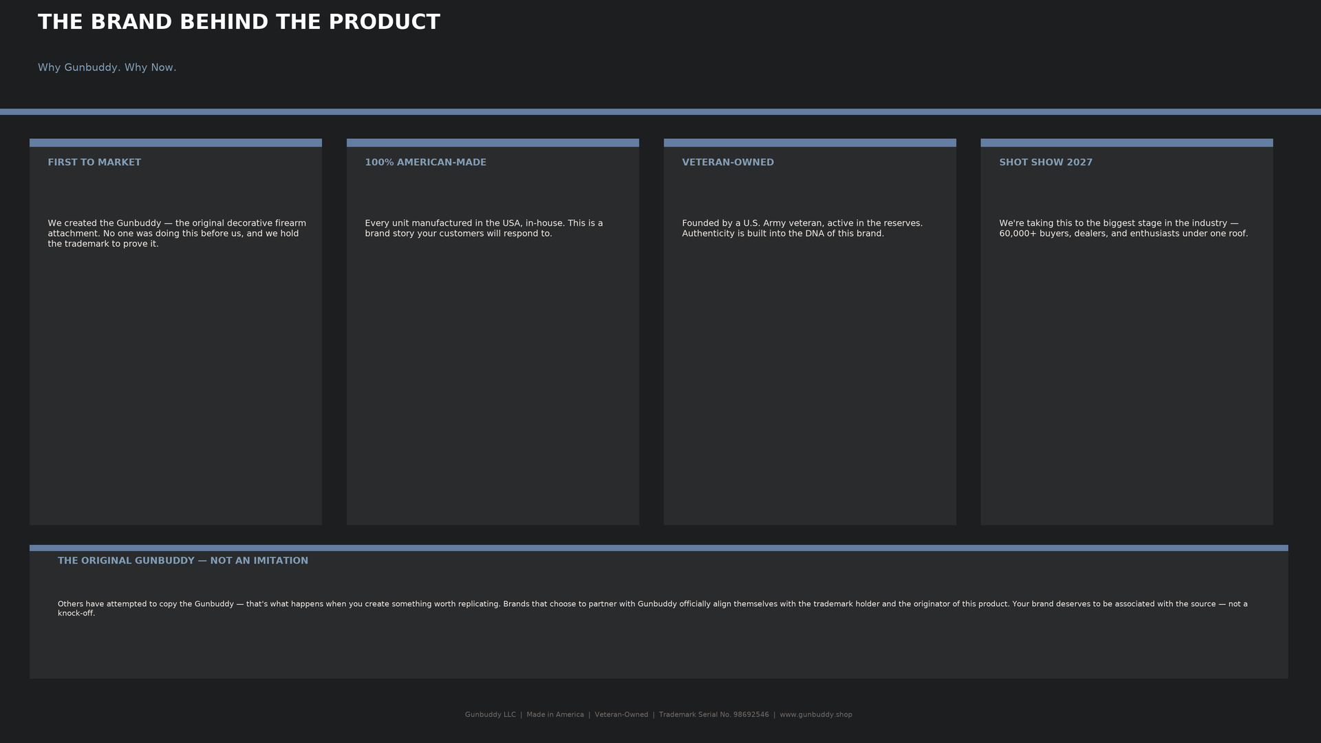 Screenshot of a web page explaining the brand story behind Gunbuddy, a decorative firearm attachment. The page highlights key points such as first to market, American-made, veteran-owned, and shot show 2027. The background is dark with blue accents and white text.
