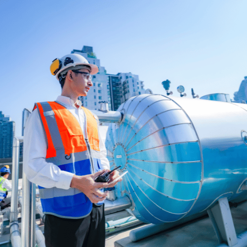 Engineer in safety vest and helmet operating equipment outdoors with city buildings in the background.