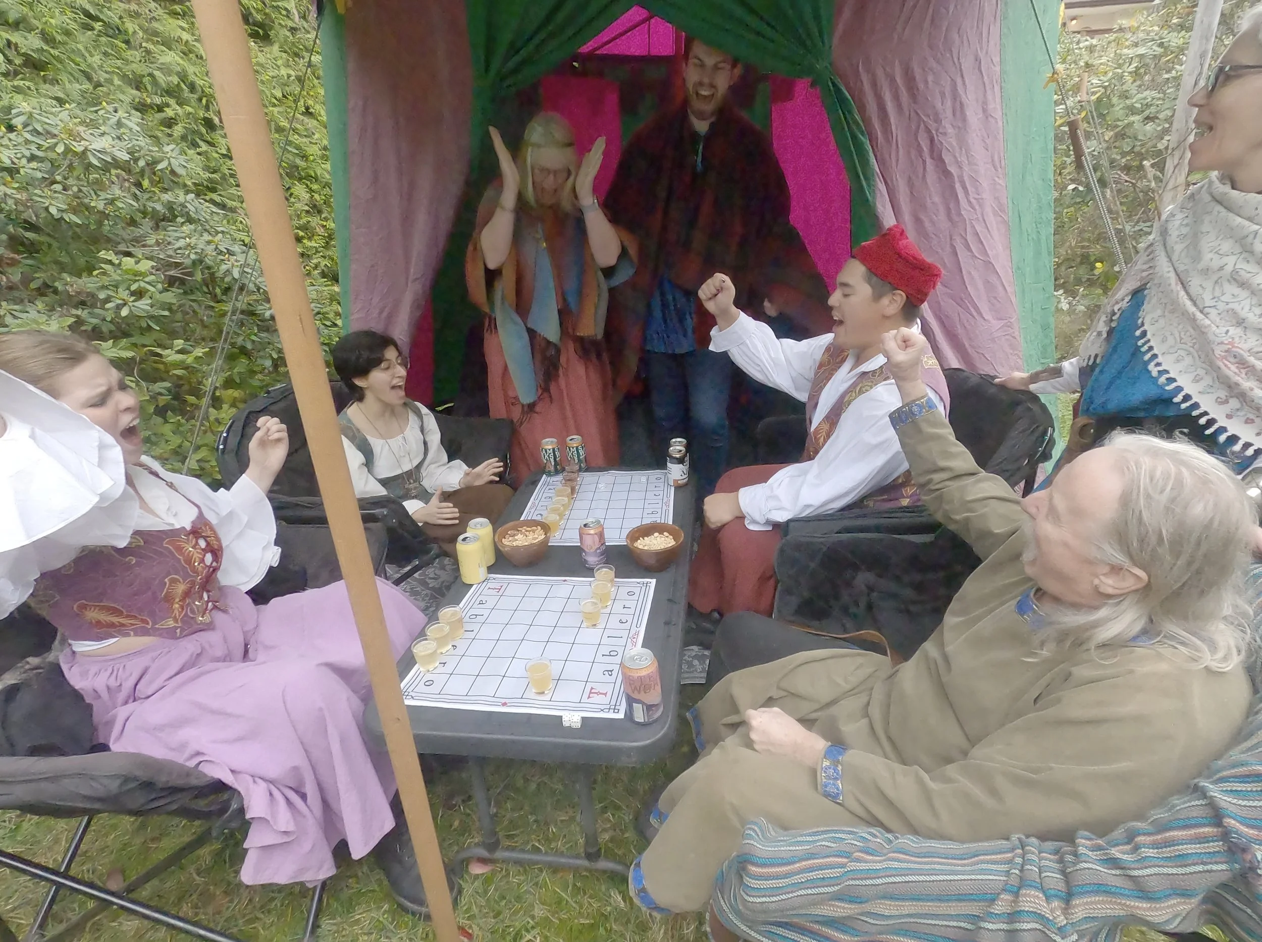 A half dozen people in medieval garb, seated in front of a green and purple circular arming pavilion cheer.