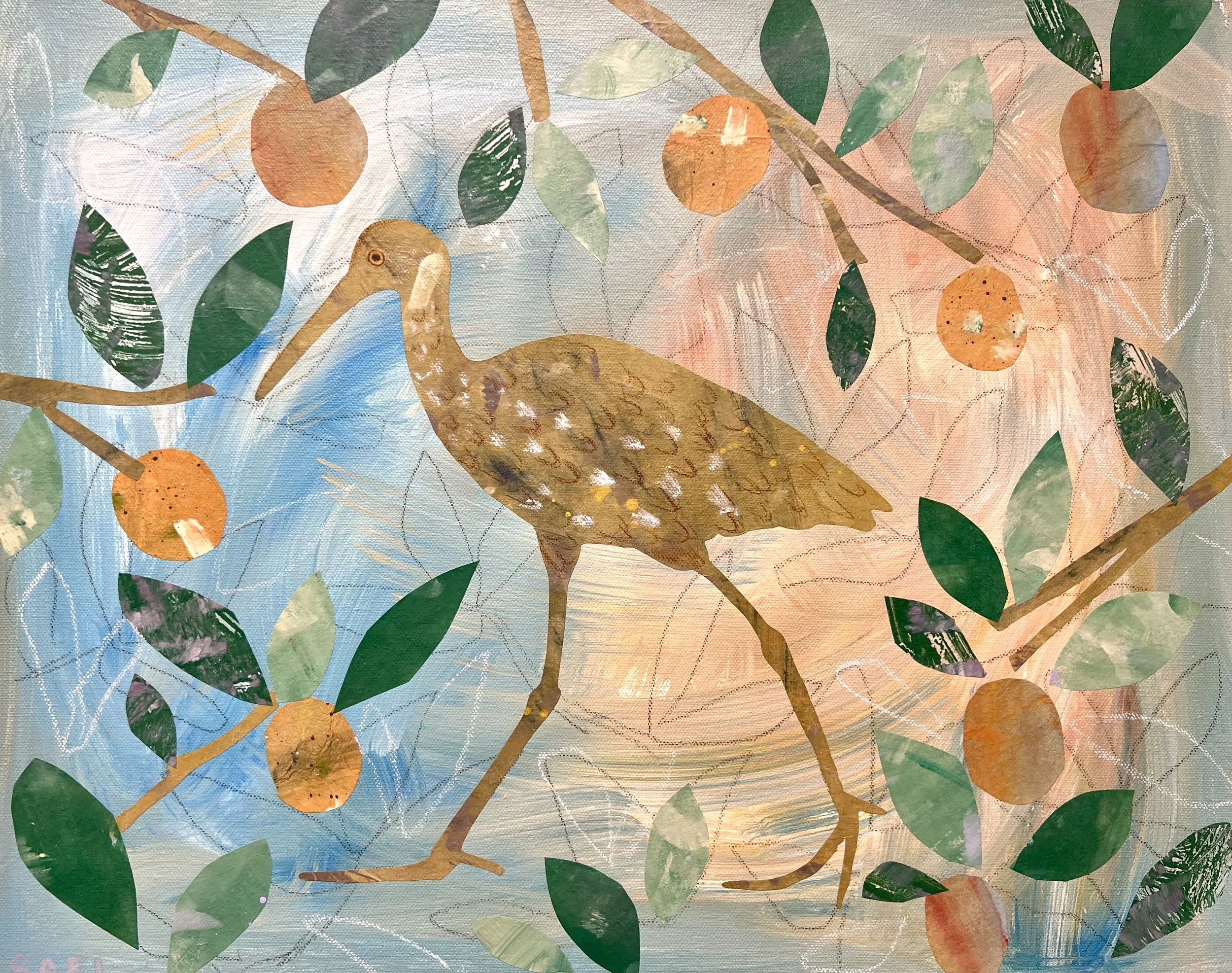 Mixed-media painting of a wading bird among citrus branches with oranges and green leaves.