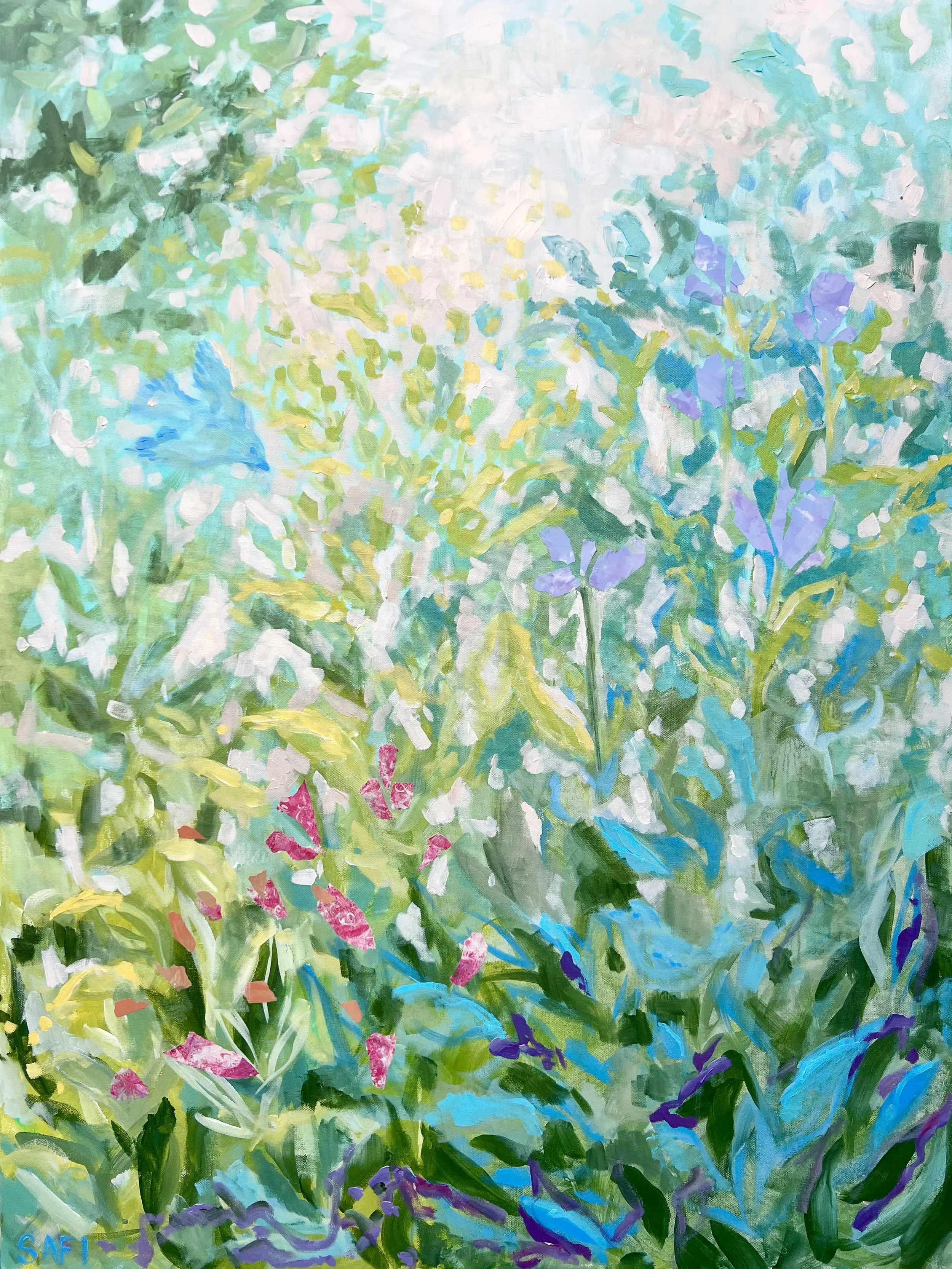 Abstract floral garden painting in soft greens and blues with hints of purple and pink.