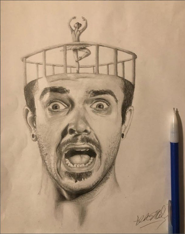 A drawing of a man with a ballerina on his head