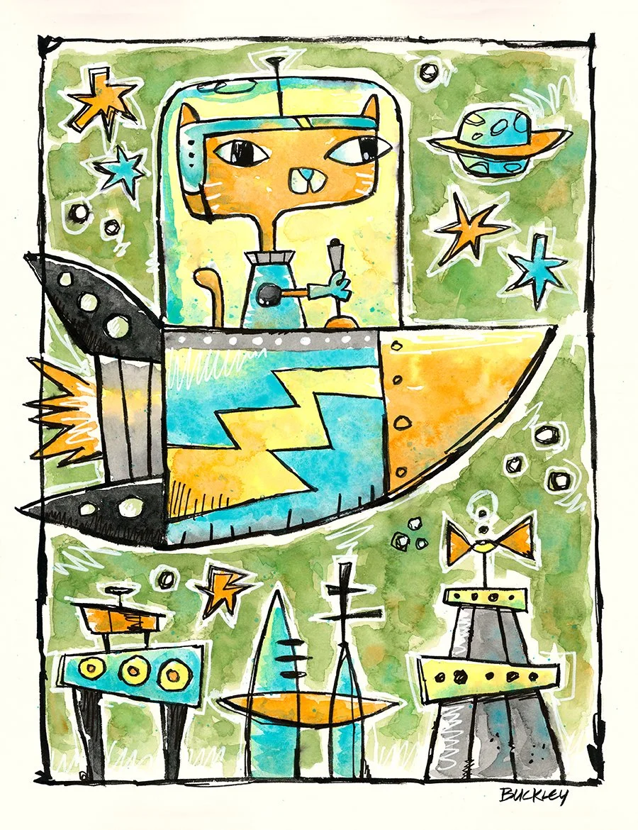 an orange cat piloting a spaceship