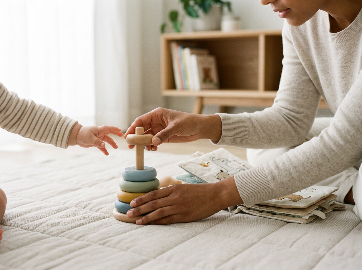 An adult and a child playing with a stacking toy on a bed.
