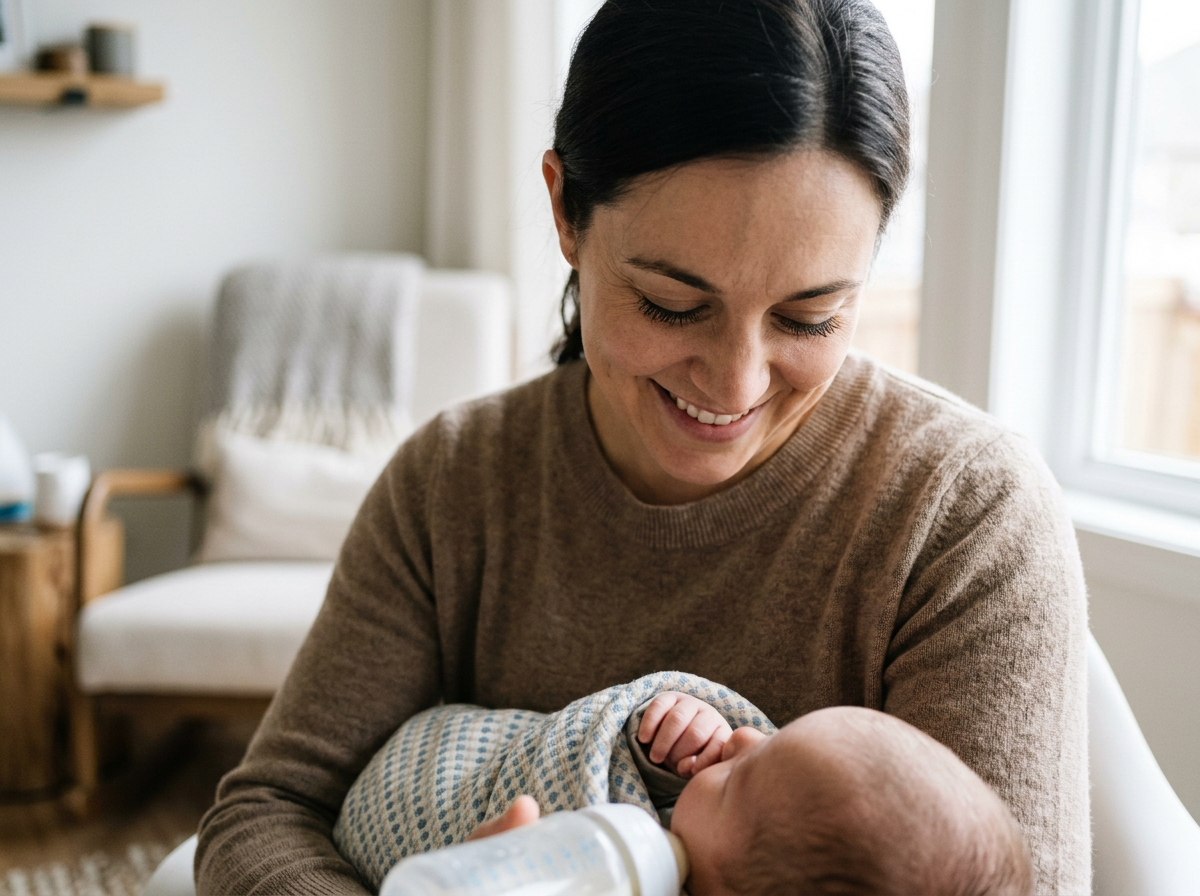 A woman holding a baby and smiling in a cozy living room with natural light.
