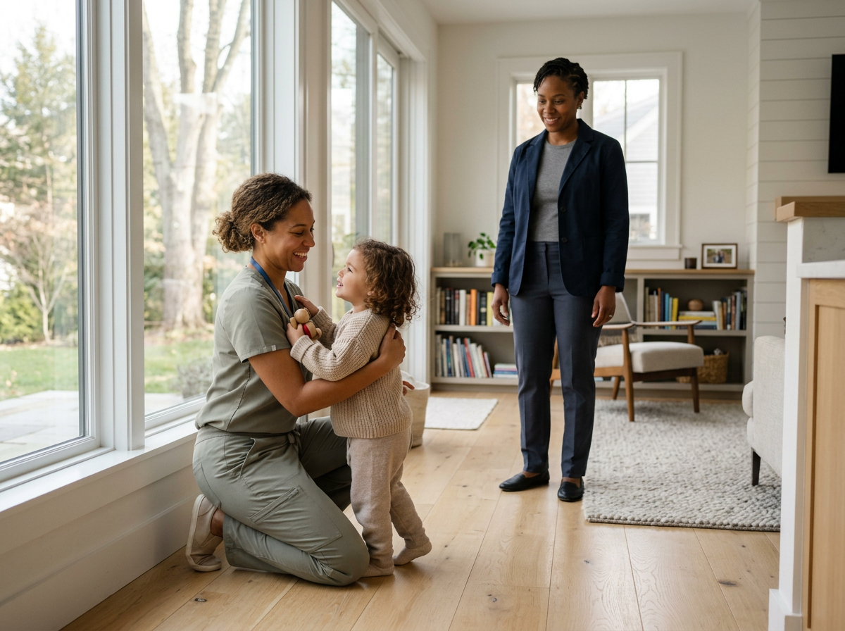 A healthcare worker kneeling and smiling as she interacts with a young girl indoors by large windows, with another woman standing nearby watching.