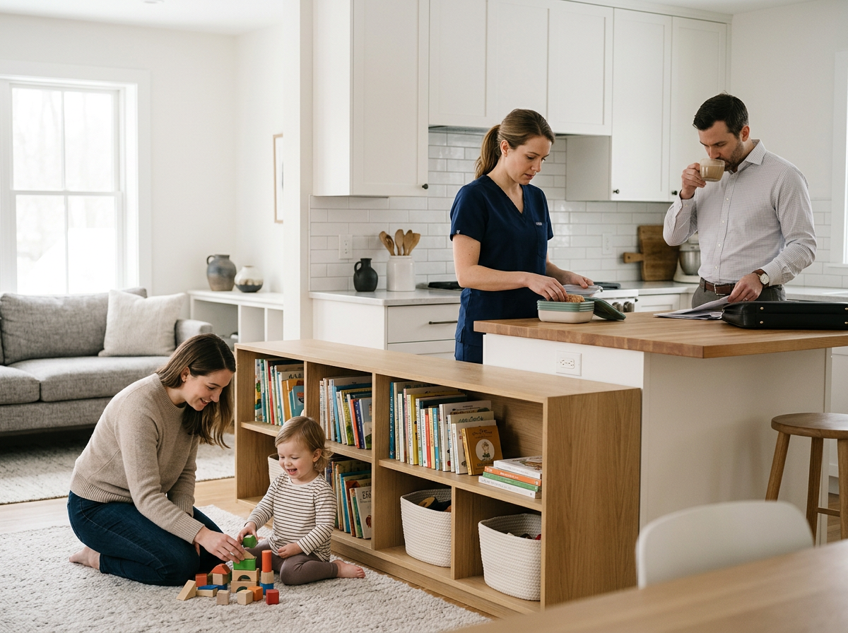 A family in their home includes a woman and child playing with toys on the floor, a man drinking from a mug in the kitchen, and a woman in blue scrubs preparing food in the kitchen.
