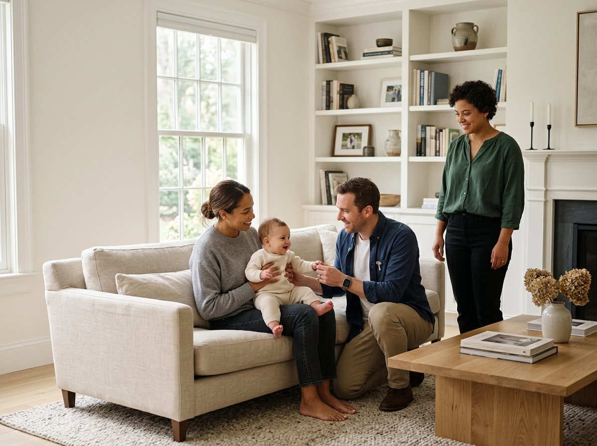 A family of four, including a mother, father, baby, and a woman, gathered in a cozy living room. The mother is sitting on a beige sofa holding the baby, who is smiling and dressed in a cream sweater. The father is kneeling next to them, holding the baby’s hands. The woman is standing nearby, smiling at the family. The room features a large window, built-in white shelves with books and decor, and a fireplace with candles.
