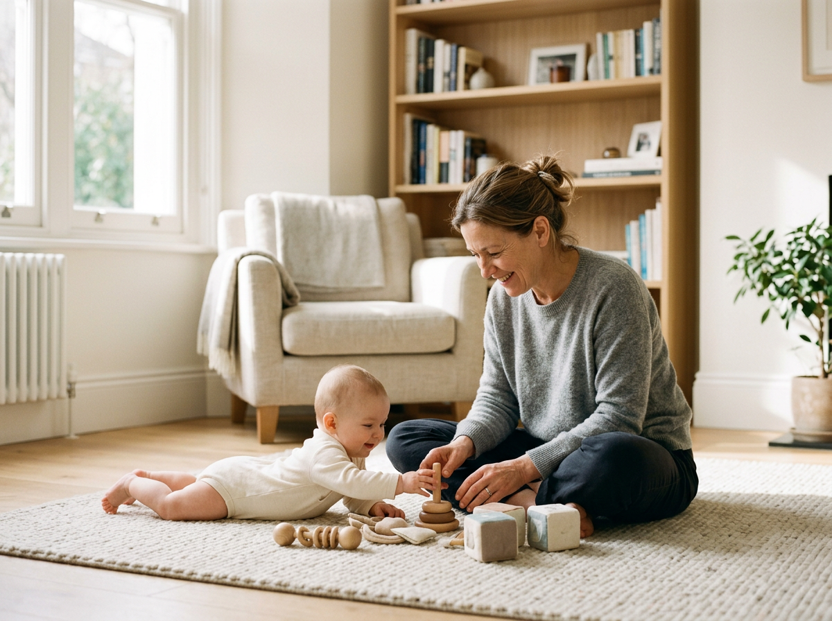 A woman and a baby playing with wooden toys on a beige rug in a living room with a bookshelf, a couch, and a window.