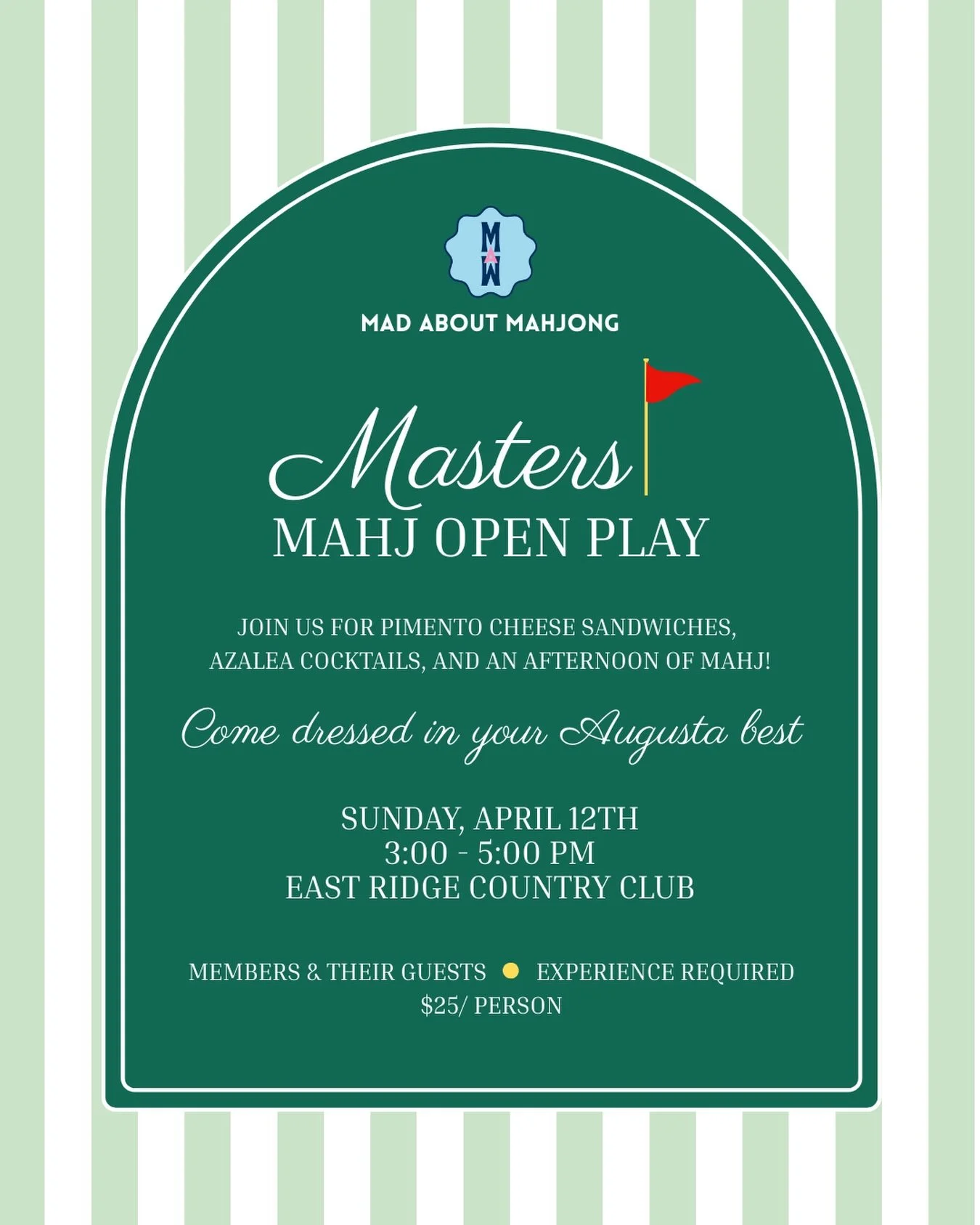 Master Mahj Open Play ⛳️🀄

Members - grab your guests, bring your NMJL card and join us at @eastridgecountryclub Sunday, April 12th for a Masters-inspired Mahjong afternoon! 💚💛