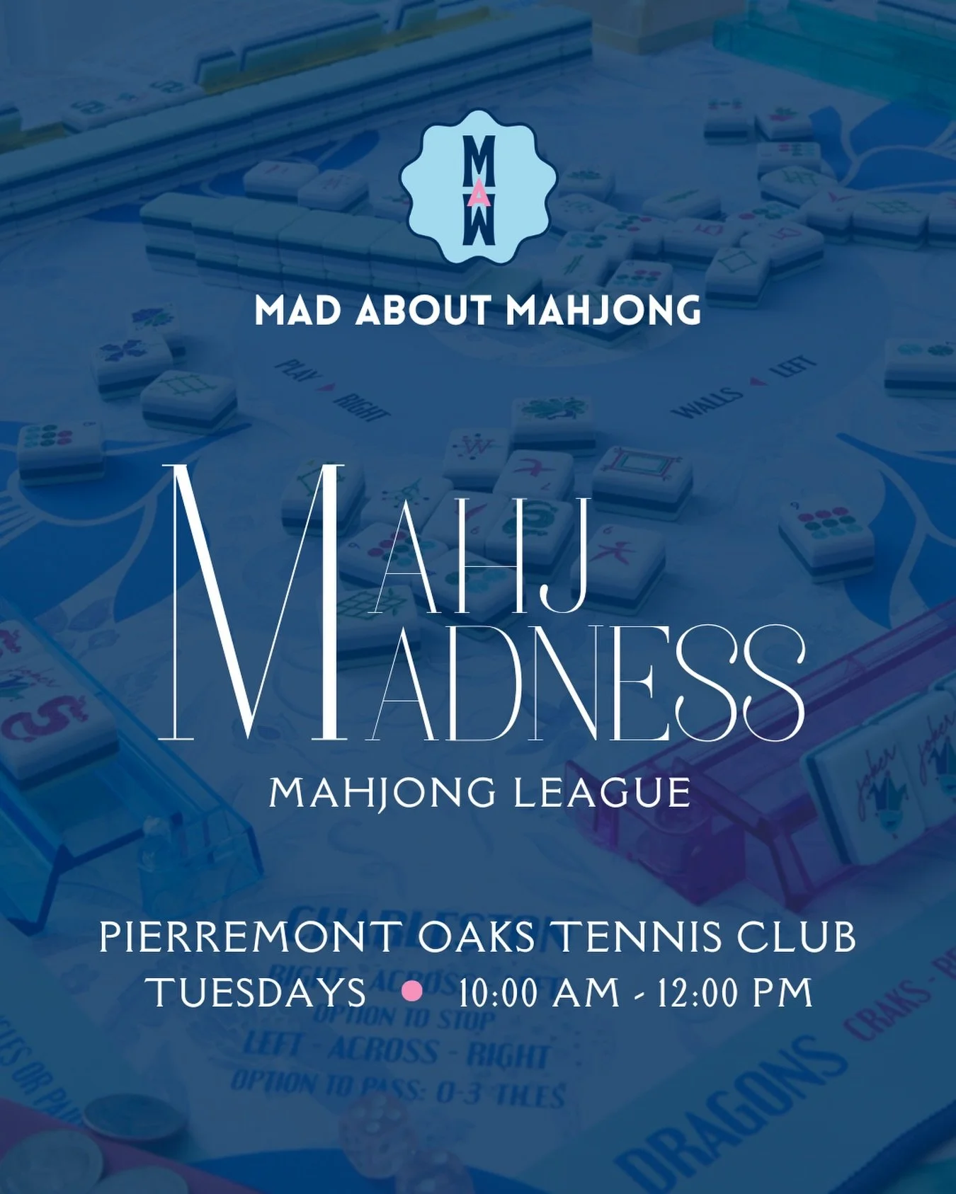 New season, new card, same Mahj energy. 🌸🀄
Join us starting Tuesday, April 21st for our 4-week Spring League &mdash; the best way to get comfortable with the new 2026 card, build your confidence, and enjoy weekly play. Points, prizes, and a leaderb